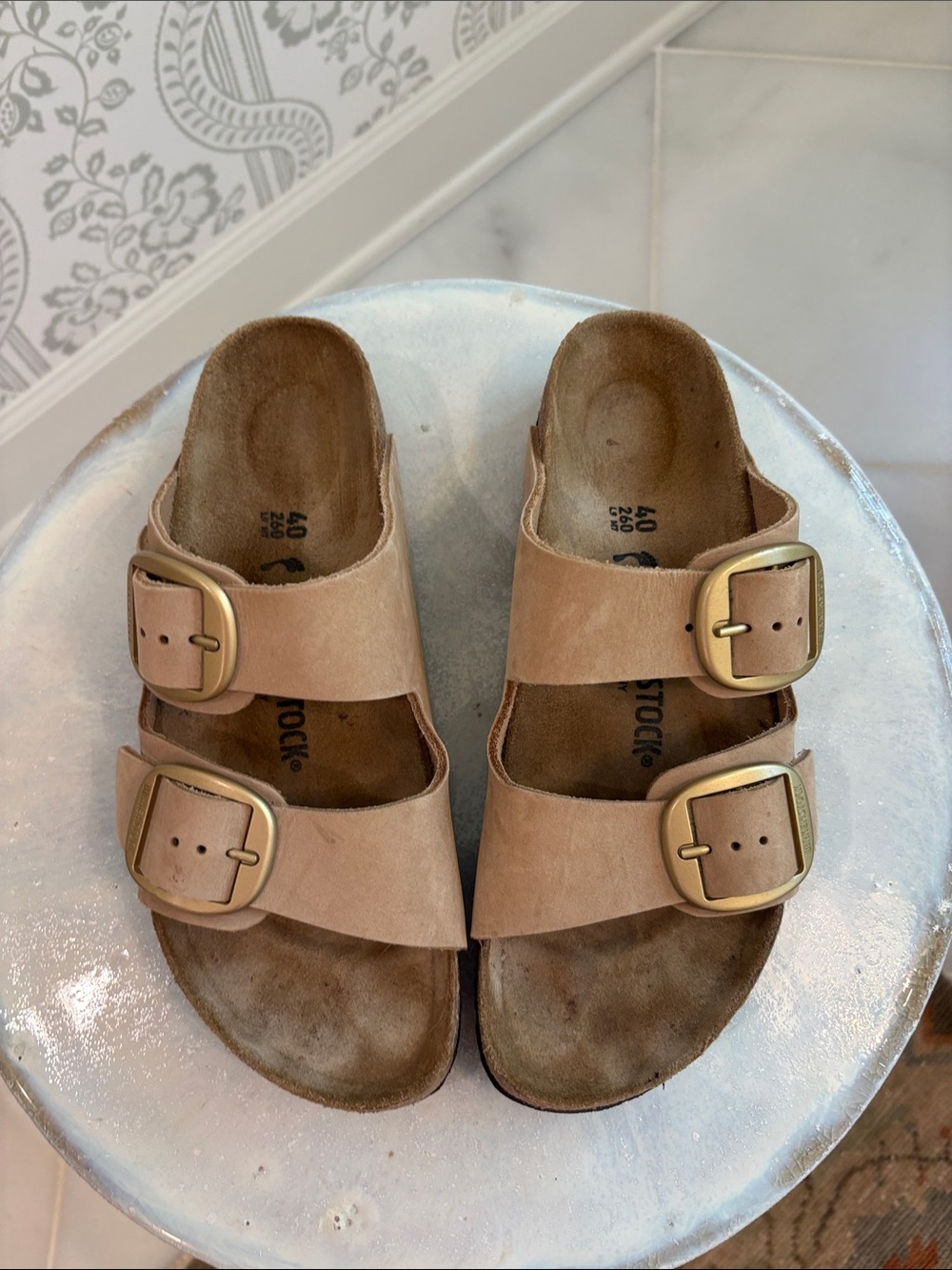 Birkenstock Two-Strap Sandals in Tan with Gold Buckles
